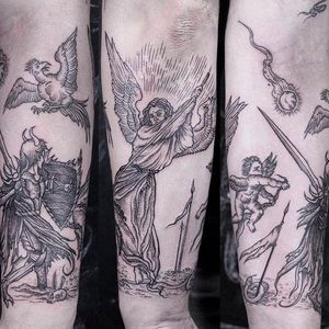 The battle of Angels and Demons. Rad tattoo by Gabor Zolyomi. #GaborZolyomi #FatumTattoo #blackwork #illustrativetattoo #angels #demon