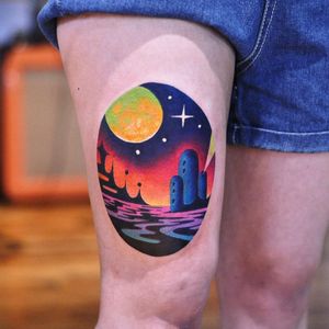 Landscape tattoos by David Peyote #DavidPeyote #landscapetattoo #color #space #galaxy #star #magic #architecture #rainbow #surreal #imaginary #tattoooftheday