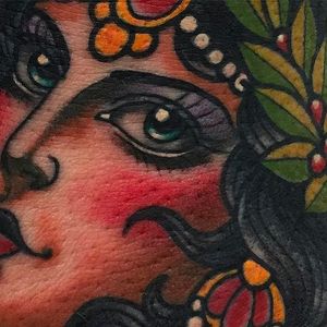 Lady Face Tattoo upclose by Xam @XamTheSpaniard #Xam #XamtheSpaniard #Beautiful #Gypsy #Girl #Lady #Traditional #sevendoorstattoo  #London