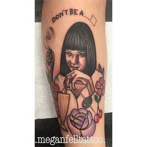 Neo traditional Mia Wallace tattoo by Megan Fell. #neotraditional #MiaWallace #femmefatale #classic #pulpfiction #cultfilm #film #movie #QuentinTarantino #moviecharacter #femmefatale #portrait