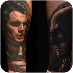 Batman Vs. Superman by @nikkohurtado #tattoodo #color #portrait #batman #superman #batmanvsuperman #nikkohurtado