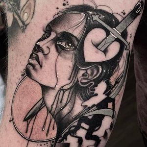 Daggered girl head tattoo by @Neil_Dransfield_Tattoo #NeilDransfieldTattoo #Black #Blackwork #Blackworkers #DarkTattoos #DarkArtists #Dagger #Girl #NeilDransfield