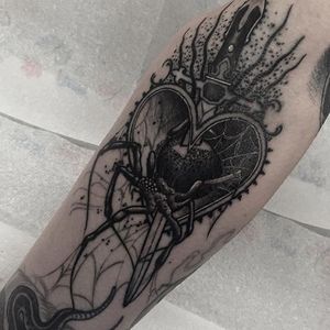 Blackwork spider + dagger + heart tattoo by Neil Dransfield. #NeilDransfield #blackwork #neotraditional #spider #heart #dagger