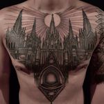 Cathedral by Anderson Luna #AndersonLuna #blackandgrey #linework #dotwork #architecture #cathedral #church #realism #realistic #sun #stainedglass #building #city #tattoooftheday