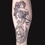 Alphonse Mucha tattoo by Jessi Lawson #jessilawson #ArtNouveautattoo #linework #fineline #wip #AlphonseMucha #lady #flowers #floral