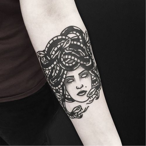 Medusa tattoo by Solly Rose #SollyRose #blacktraditional #medusa #blackwork #snakes #snake