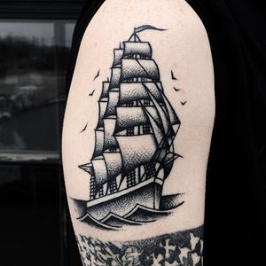 Ship Tattoo by Mike Adams @mikeadamstattoo #stippling #dotshade #dotshading #mikeadams #mikeadamstattooing #ship