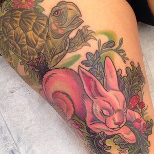Tortoise and hare tattoos by Kim Saigh. #neotraditional #tortoise #hare #KimSaigh