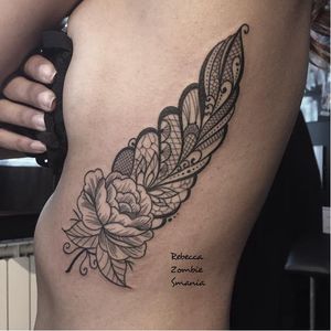 Tattoo by Rebecca Zombie Smania #feather #lace #flower #ornamental  #RebeccaZombieSmania