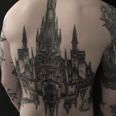 Gothic Double Cathedral tattoo by Zac Scheinbaum #ZacScheinbaum #blackandgrey #illustrative #architecture #building #cathedral #church #stainedglass #steeples