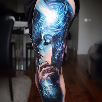 Galaxy gal by Jordan Croke #JordanCroke #jordancroketattoo #galaxy #realism #realistic #hyperrealism #stars #planet #moon #lady #woman #hand #blackhole #space #color #tattoooftheday