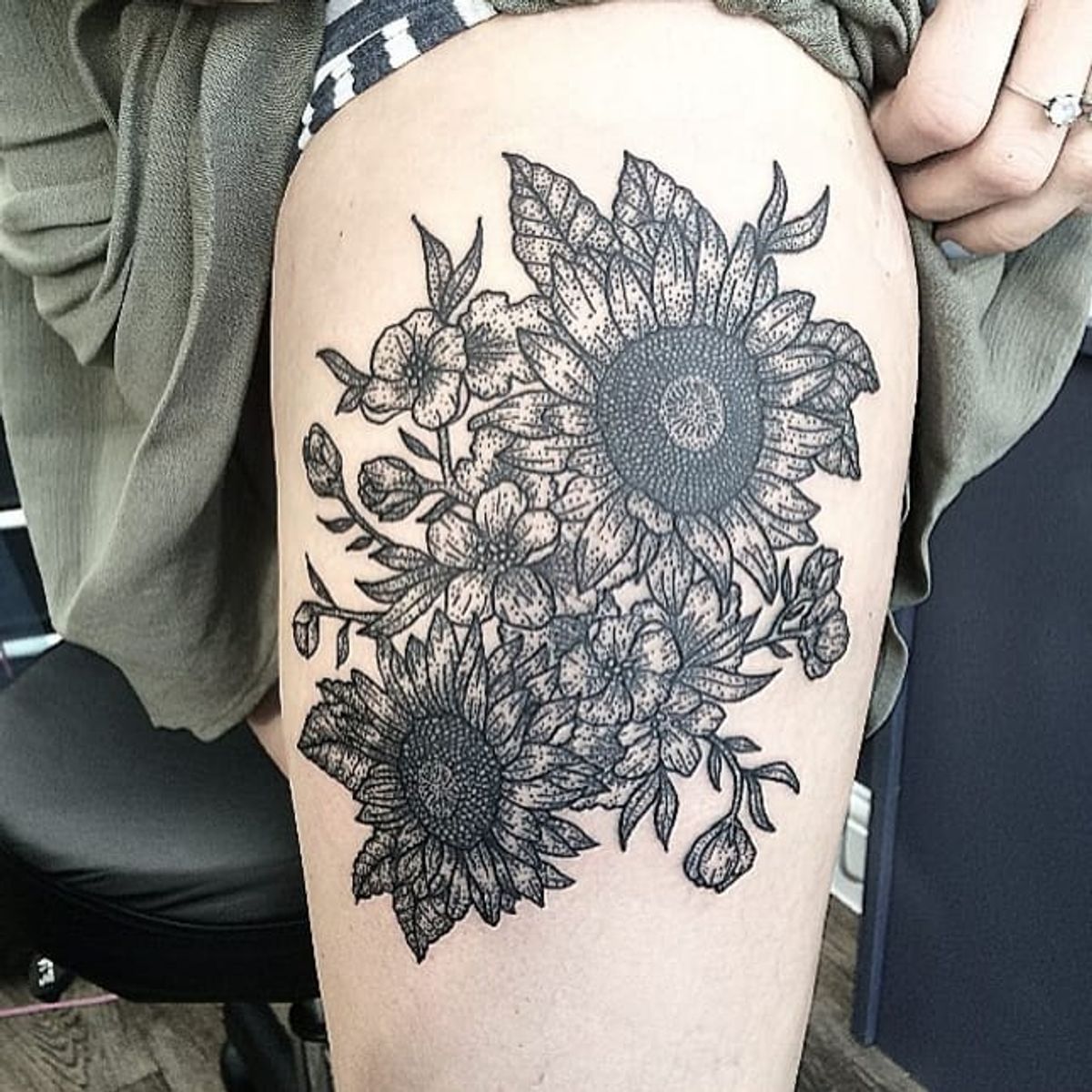 Tattoo uploaded by Rebecca • Blackwork sunflowers tattoo by Bex Fisher ...