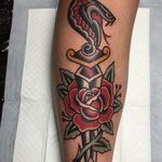 A fantastic illustration of a dagger with a cobra hilt piercing a rose by Andrew Mcleod (IG—peppermintjones). #AndrewMcleod #cobra #dagger #traditional #rose