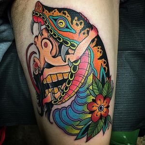 Snake Head Tattoo by Zach Bowden #snakehead #traditional #neotraditional #boldtraditional #brigthandbold #traditionalartist #ZachBowden