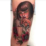 Traditional Mia Wallace tattoo by Jenny Boulger. #traditional #americantraditional #traditionalamerican #MiaWallace #femmefatale #classic #pulpfiction #cultfilm #film #movie #QuentinTarantino #moviecharacter #femmefatale #portrait