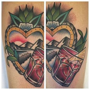 Mountain Scenery and Drinks Tattoo by Marco Condor @Marcocondor_ #MarcoCondor #MarcoCondorTattoo #Vintage #Neotraditional #NeotraditionalTattoo #Padova #Italy #Mountain #Scenetattoo #Drinks #Heart
