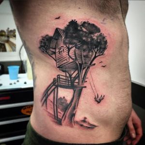 Tree House Tattoo by Steven Dunford #treehouse #creativetattoo #fantasy #blackandgrey #SteveDunford