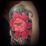Pink peony by Matt Beckerich #MattBeckerich #Japanese #color #mist #dust #dots #leaves #pink #peony #fire #flowers #nature #tattoooftheday