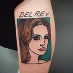 Lana Del Rey tattoo by Cooley #Cooley #musictattoos #color #portrait #newtraditional #lanadelrey #singer #famous #music #song #face #lips #eyes #text #name #tattoooftheday
