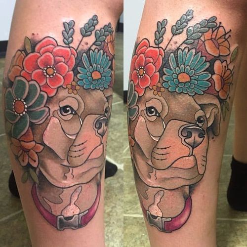 Pit bull wearing a flower crown. Tattoo by Katrina Rowsell. #neotraditional #dog #flowers #pitbull #KatrinaRowsell
