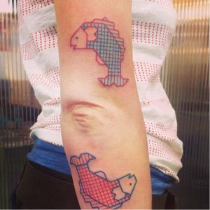 Cross-stitch fish tattoo by Mariette #Mariette #crossstitch #fish #blueink #redink
