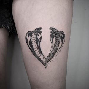 Matching Cobras. Tattoo by Nathan Kostechko #nathankostechko #snaketattoos #blackandgrey #illustrative #Oldschool #snake #cobra #mirrorimage #fire #tribal #reptile #animal