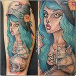 Witch pin-up tattoo by Dani Green #DaniGreen #newschool #pinupgirl #witch #cat #skull #moon #bat