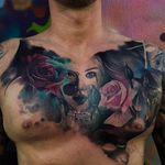 Super cool chest tattoo done by Craig Cardwell. #CraigCardwell #surreal #painterly #chesttattoo #portrait #roses