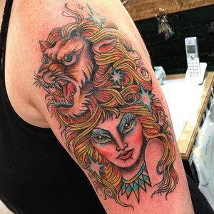 A lady lion tamer by Sheila Marcello (IG—sheilamarcello). #ladyheads #liontamer #traditional #SheilaMarcello