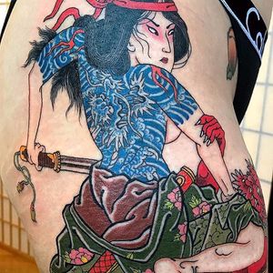 Woman in power by Colin Baker at State of Grace Tattoo #stateofgracetattoo #ColinBaker #Japanese #warrior #color #dragon #Oni #kimono #peony #clouds #fire #sword #lady #woman #tattoooftheday
