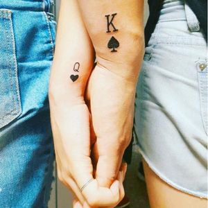 King and Queen couple tattoos via @hernameisnyamka on Instagram #coupletattoo #coupletattoos #matchingtattoos #romantic #tattooedcouple #lovetattoos #Kingofspades #Queenofspades