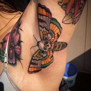 Moth armpit tattoo by wherescrando on Instagram. #armpit #pain #moth #skull #neotraditional