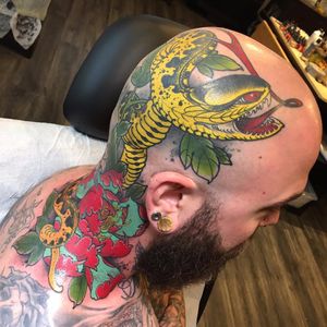Snake scalp by James Tex #JamesTex #Japanese #neotraditional #mashup #snake #reptile #flower #color #peony #fangs #tattoooftheday
