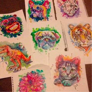 Arte animal de acuarela de Katriona MacIntosh #KatrionaMacIntosh #cat #flower #watercolor #watercolor #dog # monkey #dinosaur #animal