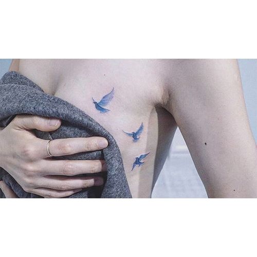 Blue bird tattoos by Baam. #Baam #TattooerBaam #subtle #microtattoo #southkorean #fineline #birds #bird
