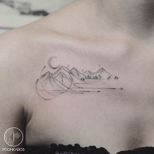 Fine line mountain tattoo by Karry Ka-Ying Poon. #KarryKaYingPoon #Poonkaros #fineline #blackandgrey #pointillism #mountain #geometric