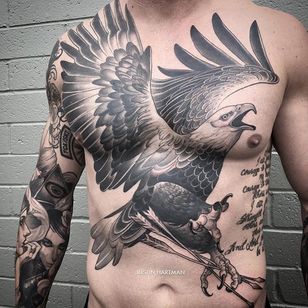 Una majestuosa águila negra y gris a través de Justin Hartman (IG — justinhartmanart).  #flechas #negro gris #águila #JustinHartman #gran escala #neotradicional