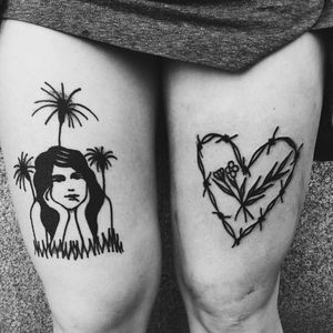 Leg tattoos by Pastilliam #Pastilliam #flower #heart #barbedwire #woman #palmtree #blackwork