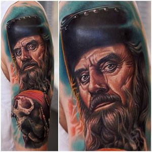 Blackbeard Tattoo by Nikko Hurtado #Blackbeard #PiratesoftheCaribbean #PiratesoftheCarribeanTattoo #PirateTattoos #DisneyTattoos #MovieTattoos #NikkoHurtado
