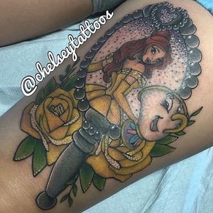 Belle mirror tattoo by Chelsey Hamilton. #neotraditional #ChelseyHamilton #Belle #Disney #teacup #rose #yellowrose #sparkly #BeautyandtheBeast