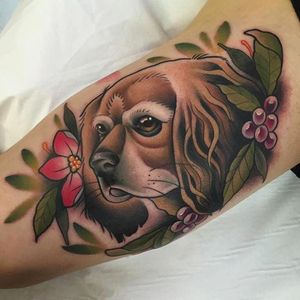 Cute and delicate dog portrait tattoo by Alvaro Alonso. #AlvaroAlonso #NeoTraditional #animaltattoo #MalibuTattooSpain #dogportrait