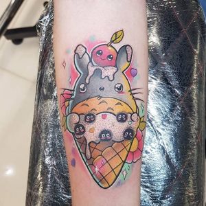 Totoro ice cream tattoo by Sam Andrews #SamAndrews #studioghiblitattoo #color #newtraditional #anime #manga #movietattoo #Totoro #sootsprite #foodtattoo #icecream #sparkle #flowers #hearts #cherry #cute
