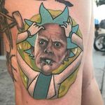 Doc Brown meets Rick Sanchez tattoo by Chowdah Bowl #ChowdahBowl #rickandmortytattoos #rickandmorty #adultswim #cartoon #newtraditional #realism #realistic #mashup #portrait #DocBrown #RickSanchez