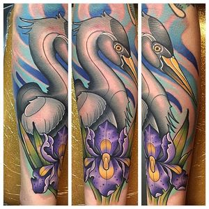 Loving the blues and purple on this forearm tattoo by Pat Bennett. #heron #vibrant #color #colorful #solid #PatBennett
