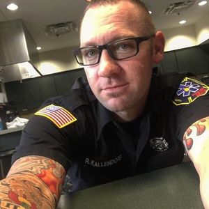 Tattooed firefighter via Instagram kalli_fbombleather #firefighter #employed #publicservice #employment #tattoos #tattooedprofessional