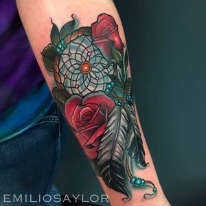 Awesome rose and dream catcher tattoo done by Emilio Saylor. #EmilioSaylor #dreamcatcher #rose #neotraditional
