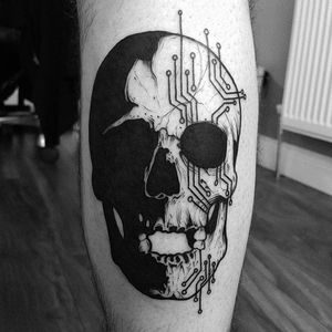 Skull and circuits Tattoo by Matt Pettis @Matt_Pettis_Tattoo #MattPettis #MattPettisTattoo #Black #Blackwork #Blacktattoo #Blacktattoos #London #Skull #skullhead #btattooing #blckwrk