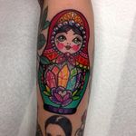 Russian doll with crystals tattoo by Roberto Euán #RobertoEuán #neon #russiandoll #crystals #crystal #colourful