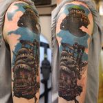 Howls Moving Castle Tattoo by Aaron King #howlsmovingcastle #howlsmovingcastletattoo #howlsmovingcastletattoos #studioghibli #studioghiblitattoo #anime #fantasytattoo #fantasytattoos #movie #animated #animatedtattoos #AaronKing