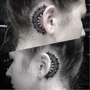 Half-mandala ear tattoo by Kelsey Moore. #KelseyMoore #halfmandalas #mandala #halfmandala #ear #eartattoo #linework #dotwork